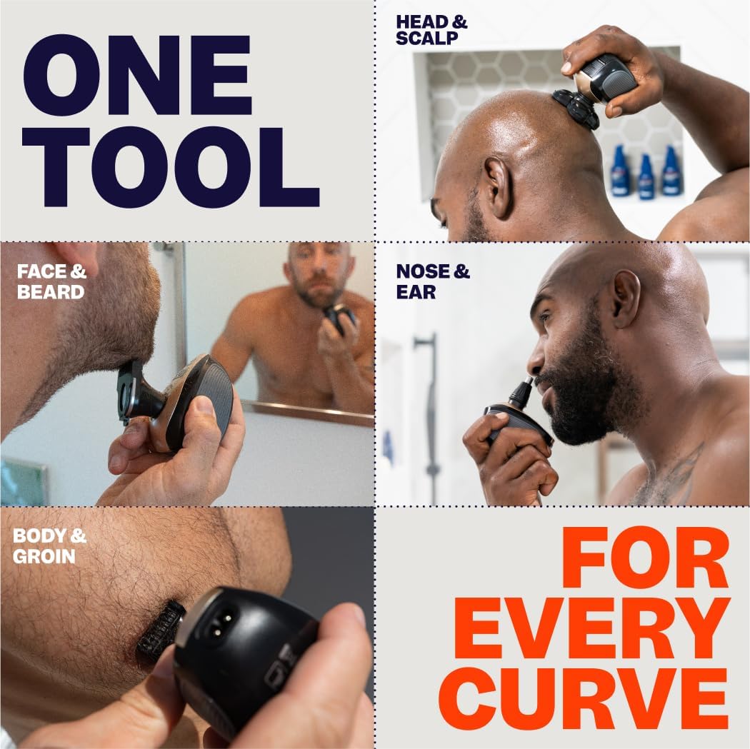 HotFreebird FlexSeries Electric Head & Body Hair Shaver - Mens Cordless Rechargeable Wet/Dry Skull Bald Head Back & Groin Waterproof Razor with Rotary Blades, Clippers, Nose Trimmer, Brush, Massager