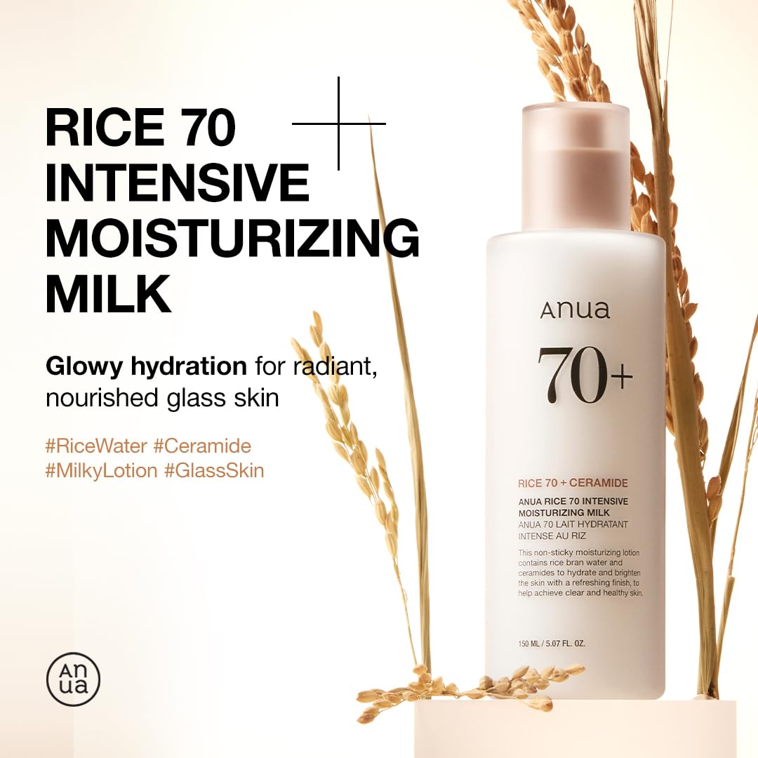 HotANUA Rice 70 Intensive Moisturizing Milk, Hydrating Face Lotion, Niacinamide, Ceramides, All Skin Types, Sensitive, Skin Moisture Barrier, Lightweight Nourishing, Korean Skincare, 5.07 fl.oz.
