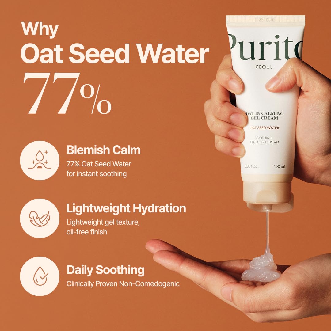 HotPURITO Oat Calming Gel Cream | Face Moisturizer for Blemish Calm & Lightweight Hydration | All skin types, sensitive and blemish-prone skin | Non-Comedogenic | Korean Skincare, 100mL, 3.38 fl.oz