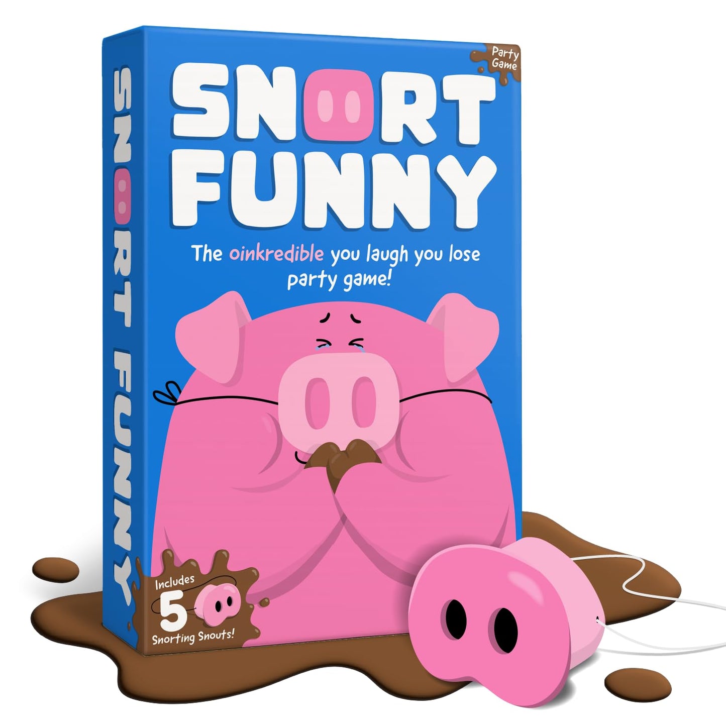 HotSnort Funny – The Oinkredible You Laugh You Lose Party Game | Family Games for Kids and Adults | 150 Challenge Cards, 5 Pig Snouts & Mud Tokens | Funny Games for Friend & Family, 4-8 Players, Ages 8+