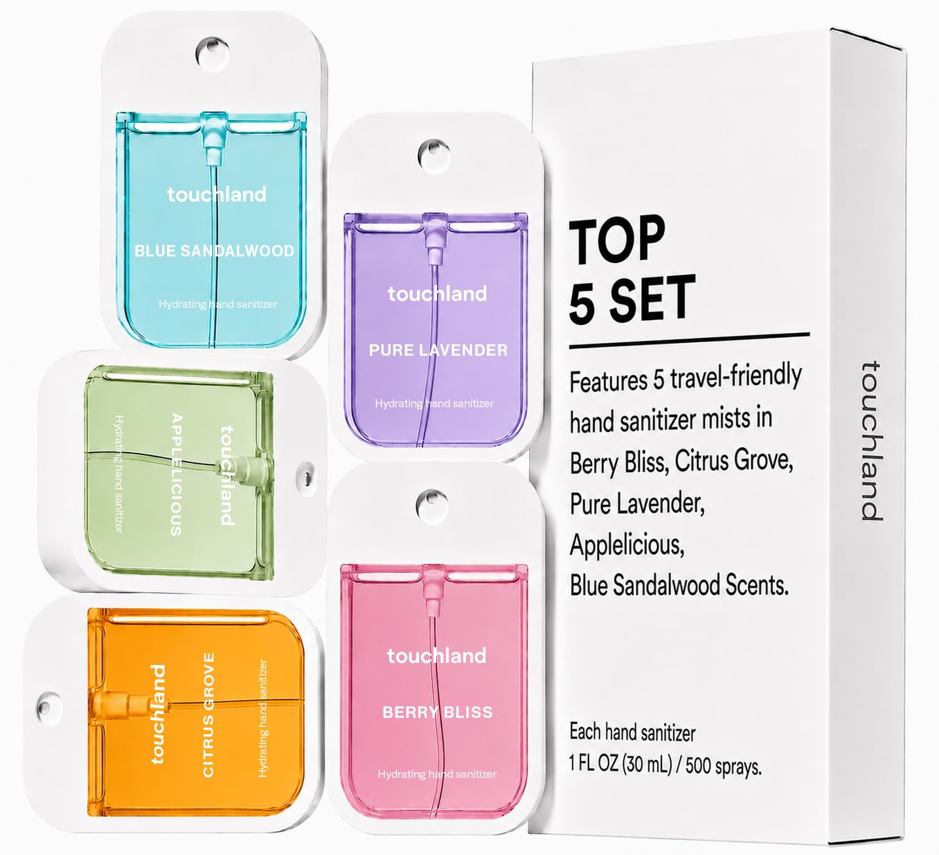 HotTouchland Top 5 Hydrating Hand Sanitizer Spray Set Travel Size | TSA ready Power Mist with skincare benefits. Applelicious, Berry Bliss, Blue Sandalwood, Citrus Grove and Pure Lavender
