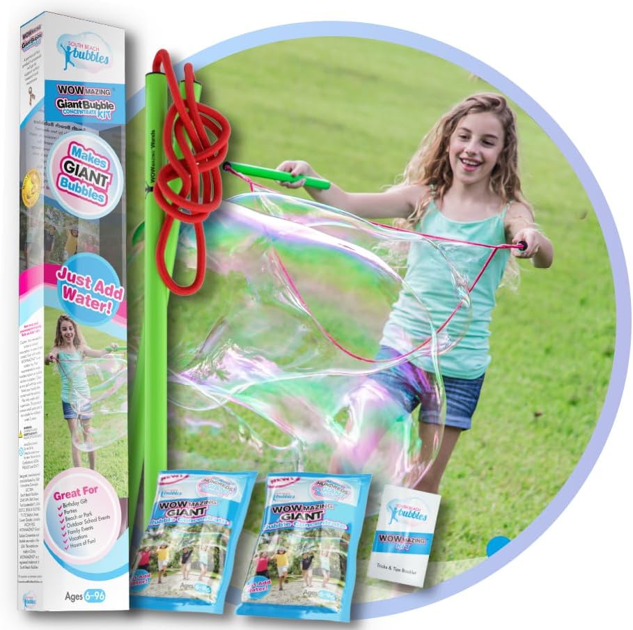 Hot WOWmazing Giant Bubble Wands Kit: (4-Piece Set) | Incl. Wand, Big Bubble Concentrate and Tips & Trick Booklet | Outdoor Toy for Kids, Boys, Girls | Bubbles Made in The USA