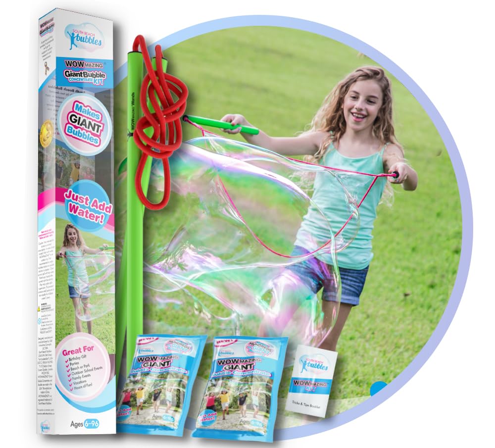 Hot WOWmazing Giant Bubble Wands Kit: (4-Piece Set) | Incl. Wand, Big Bubble Concentrate and Tips & Trick Booklet | Outdoor Toy for Kids, Boys, Girls | Bubbles Made in The USA