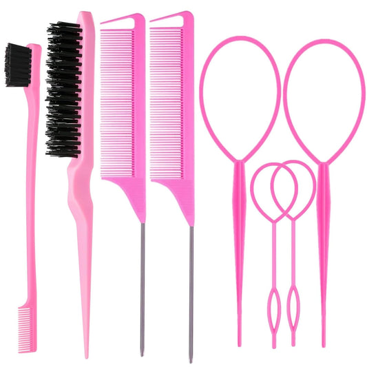 HotZVOREI 8Pcs Hair Brushes Set with 4Pcs Topsy Hair Tail Tools 1Pcs Bristle Teasing Hair Brush 1Pcs Edge Control Brush 2Pcs Metal Pin Rat Tail Combs for Woman Girl Hair Styling,Edge&Back Brushing,Pink