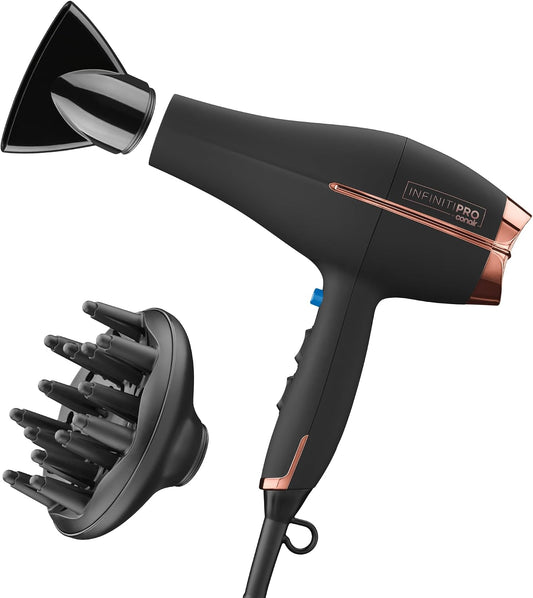 HotConair InfinitiPRO Hair Dryer with Diffuser & Concentrator, 1875W, Black | Ceramic blow dryer for all hair types with no-slip grip, multiple heat/speed settings, and a 6-foot cord for flexible styling