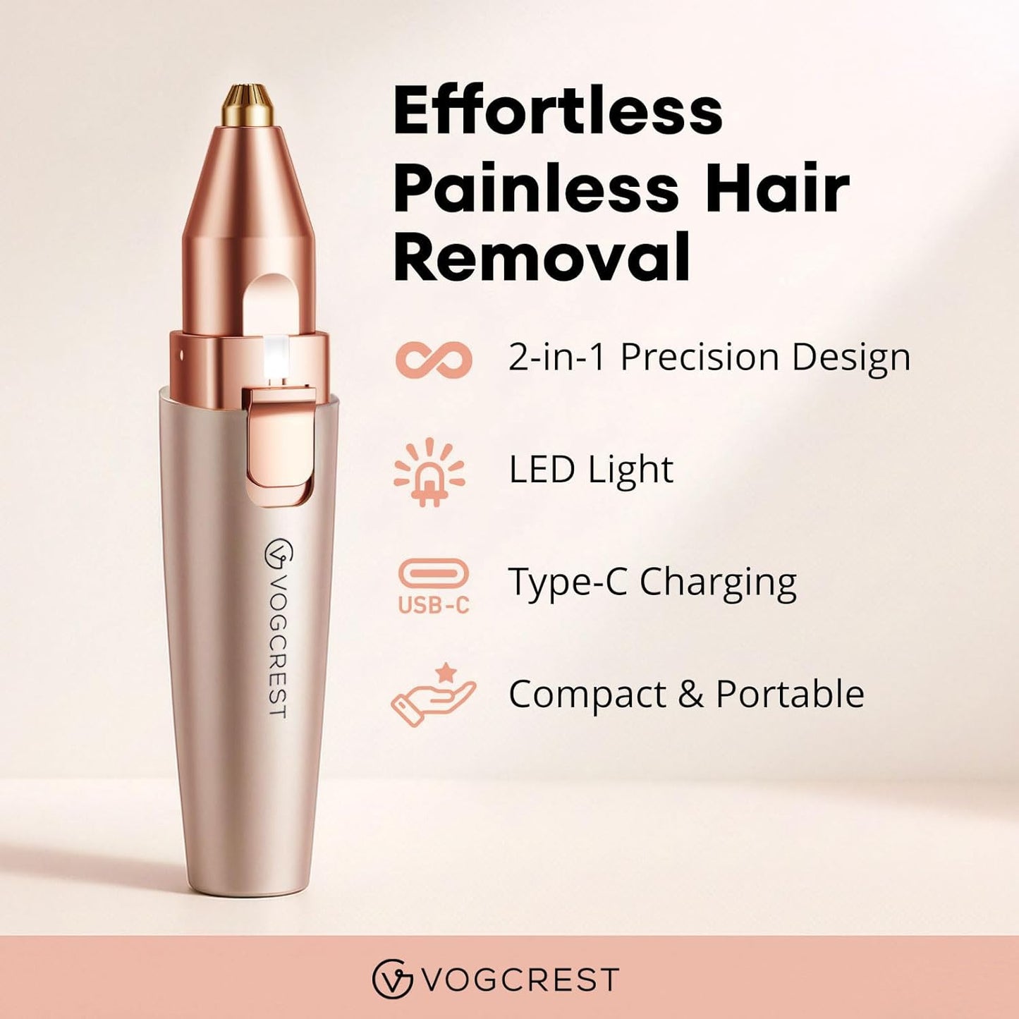 HotVG VOGCREST Eyebrow & Facial Trimmer: 2 in1 Rechargeable Facial Hair Removal & Eyebrow Shaver - Body Razor with Built-in LED Light (Rose Gold)