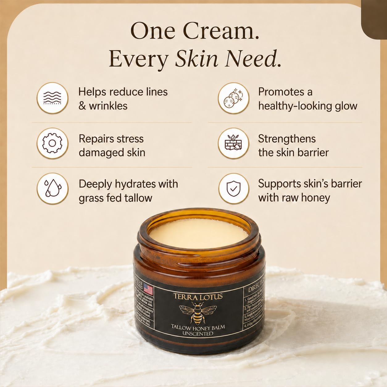 HotTerra Lotus - Organic Grass-Fed Beef Tallow Balm with Raw Honey - Moisturizing Cream - Handmade All-Natural Moisturizer (2 Oz, Unscented)
