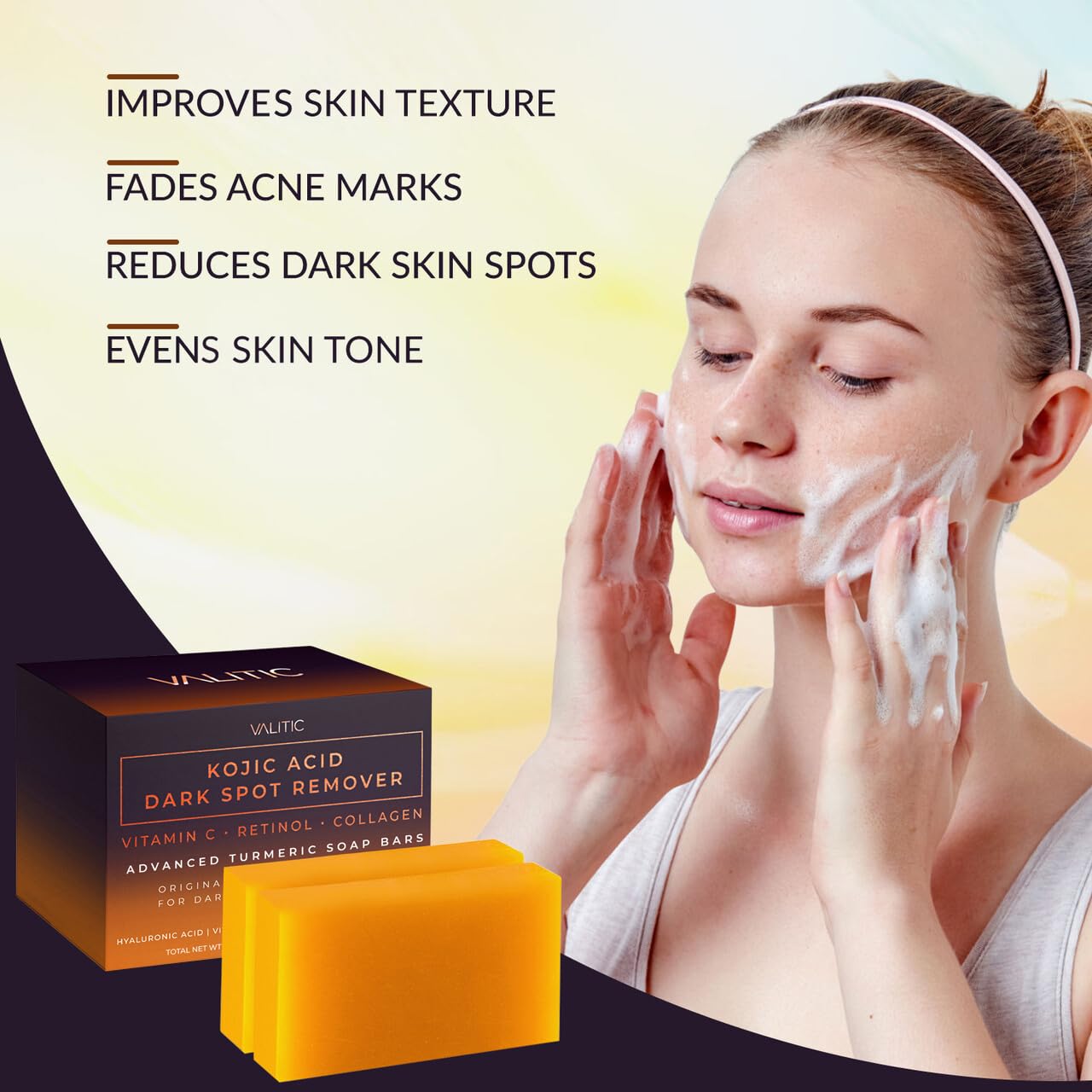HotVALITIC Kojic Acid Dark Spot Remover Soap Bars with Vitamin C, Retinol, Collagen, Turmeric - Original Japanese Complex Infused with Hyaluronic Acid, Vitamin E, Shea Butter, Castile Olive Oil (2 Pack)