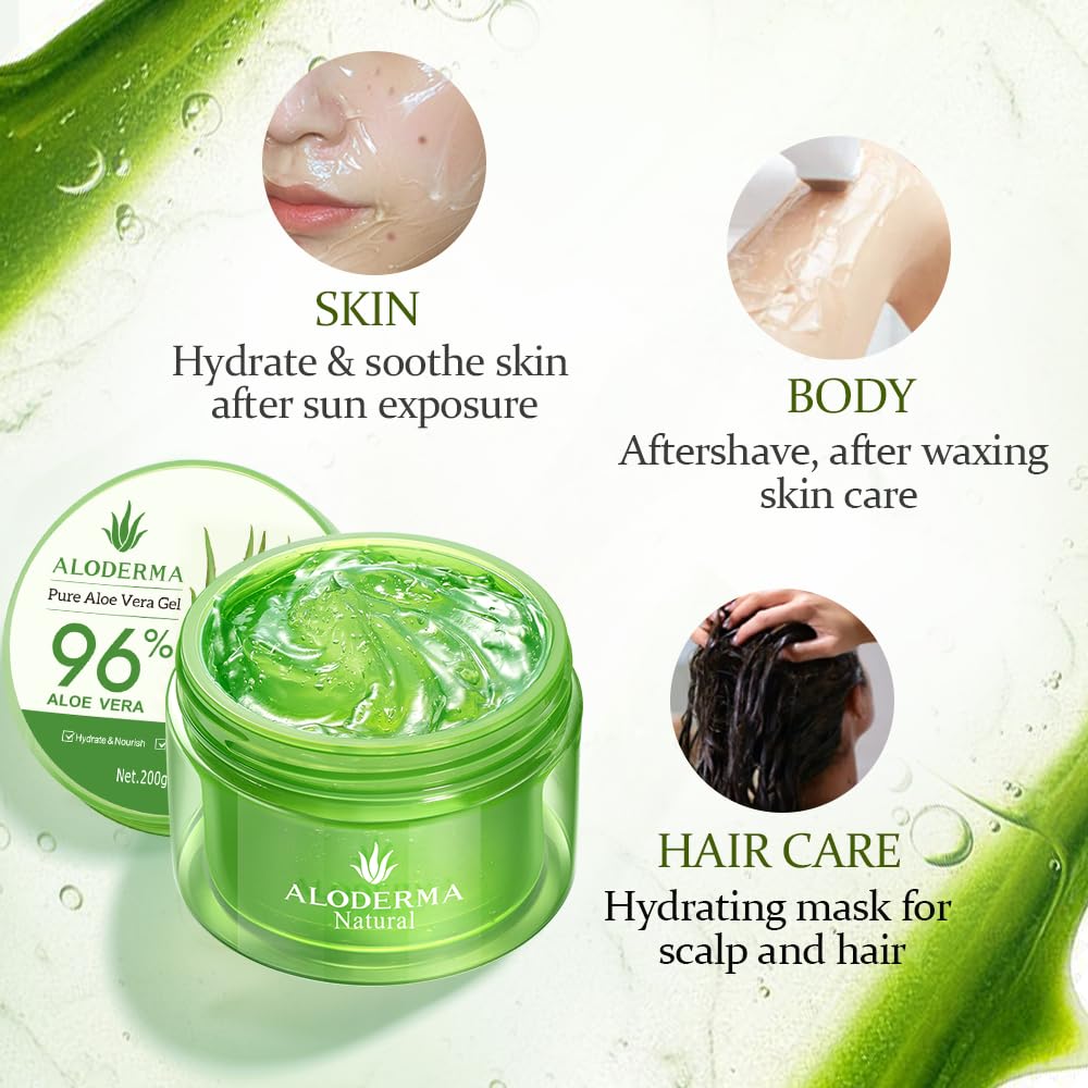 HotAloderma Aloe Vera Gel Made within 12 Hours of Harvest with 96% Pure Organic Aloe Vera for Skin, Scalp, & Hair, Soothing Aloe Face Moisturizer, Multipurpose, Hydrating Aloe Gel, 7.05oz