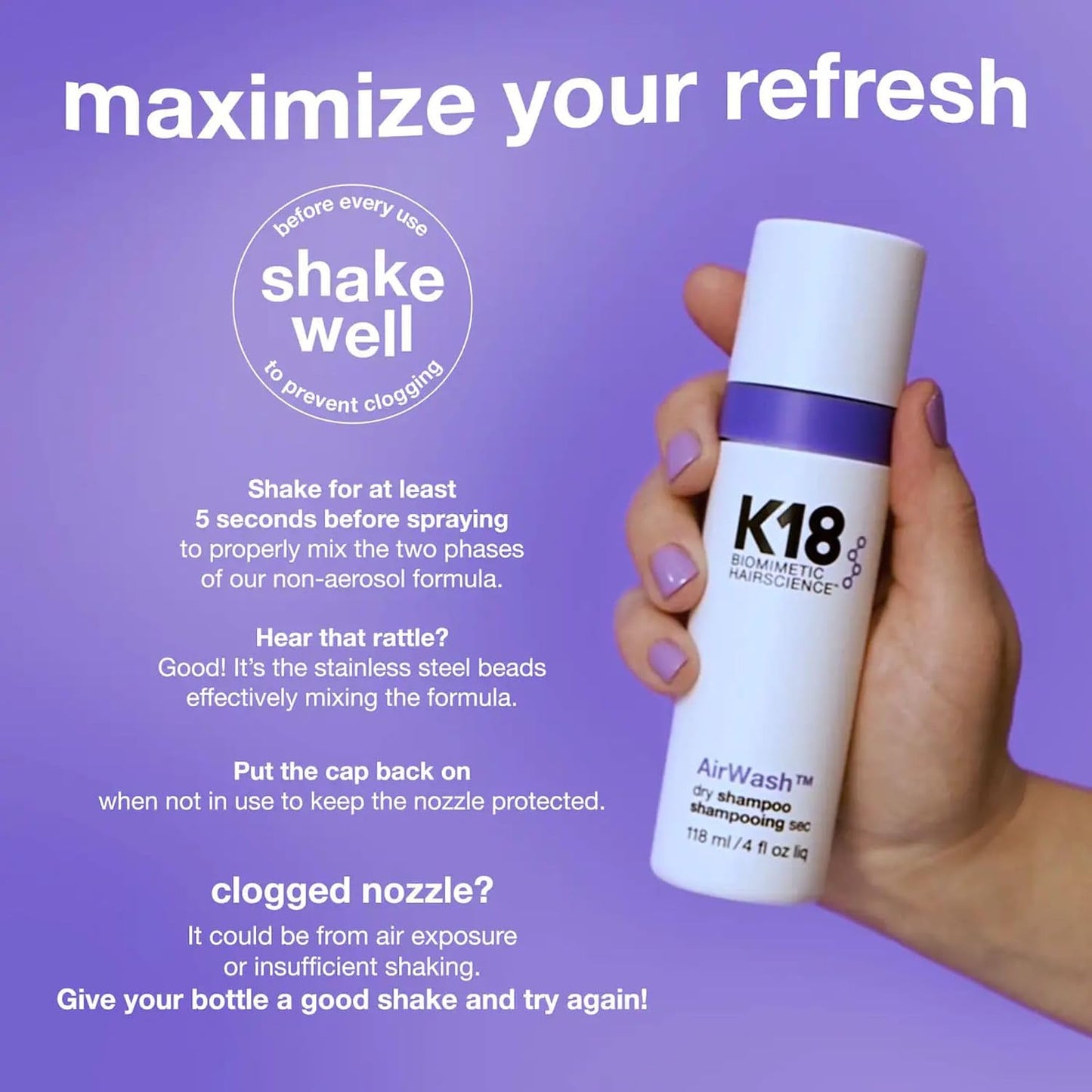 HotK18 AirWash™ Dry Shampoo, Non-Aerosol, Balances Scalp & Controls Excess Oil Production