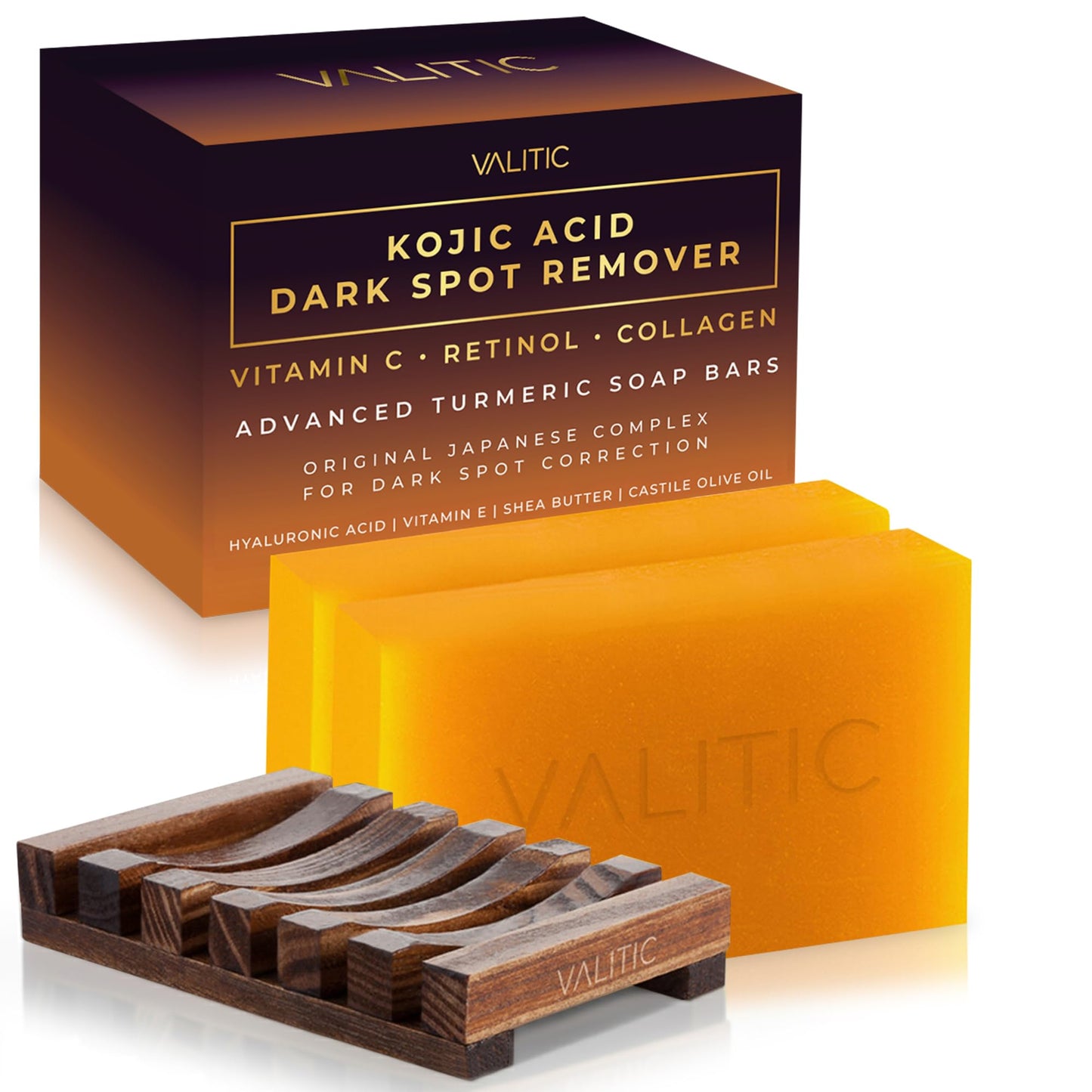 HotVALITIC Kojic Acid Dark Spot Remover Soap Bars with Vitamin C, Retinol, Collagen, Turmeric - Original Japanese Complex Infused with Hyaluronic Acid, Vitamin E, Shea Butter, Castile Olive Oil (2 Pack)