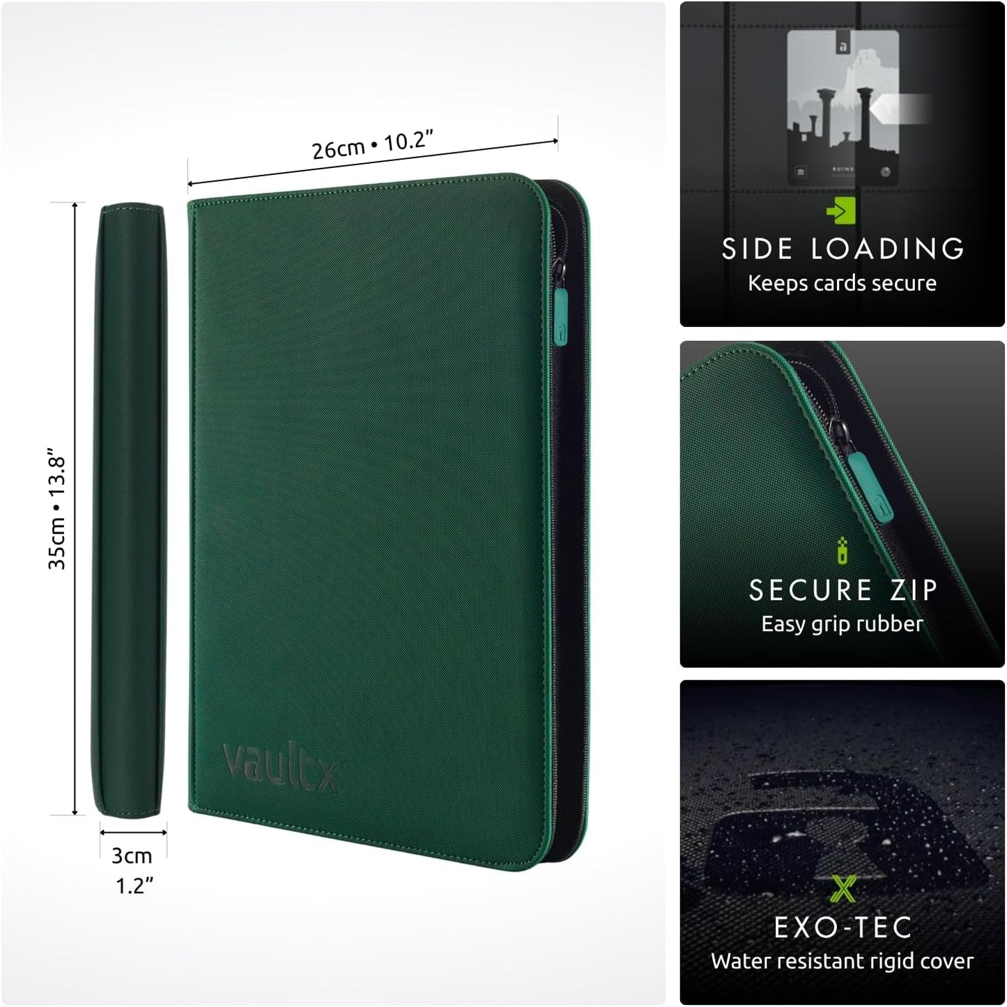 Hot Vault X 9 Pocket Zip Trading Card Binder 360 Cards Exo-Tec (Green) | Holds 360 standard-size TCG cards in 20 side-loading 9-pocket pages. Padded, water-resistant Exo-Tec cover.