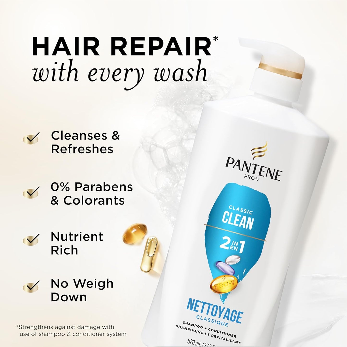 HotPantene 2-in-1 Shampoo & Conditioner, Classic Clean - Pro-V Nutrients for Dry, Color-Treated Hair, Healthy Looking Hair Every Wash, Antioxidant-Rich, 27.7 Oz Each, 2-Pack + Rescue Shot (0.5 Oz)