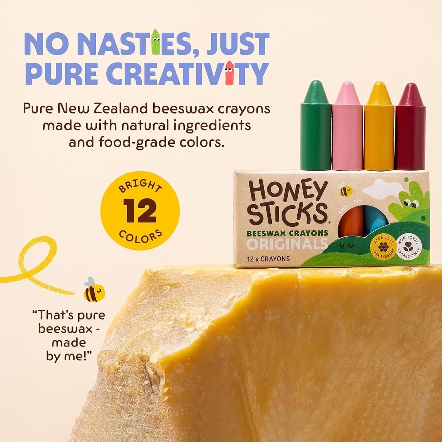 HotHoneysticks 100% Pure Beeswax Crayons (12 Pack) - Non Toxic Crayons for Toddlers 1-3, Safe for Baby from 1 Year Old Plus, Handmade with Natural Beeswax and Food-Grade Colors, Eco Friendly