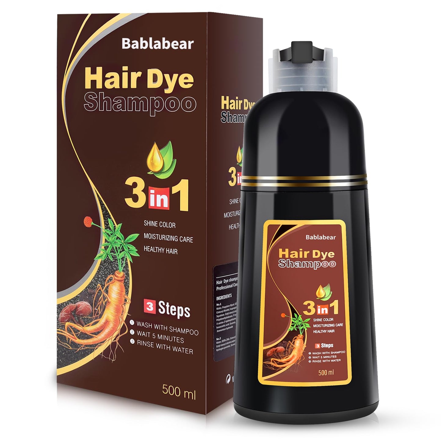 HotBablabear Black Hair Dye Shampoo for Gray Hair,Hair Color Shampoo for Women and Men, Grey Coverage.500ml