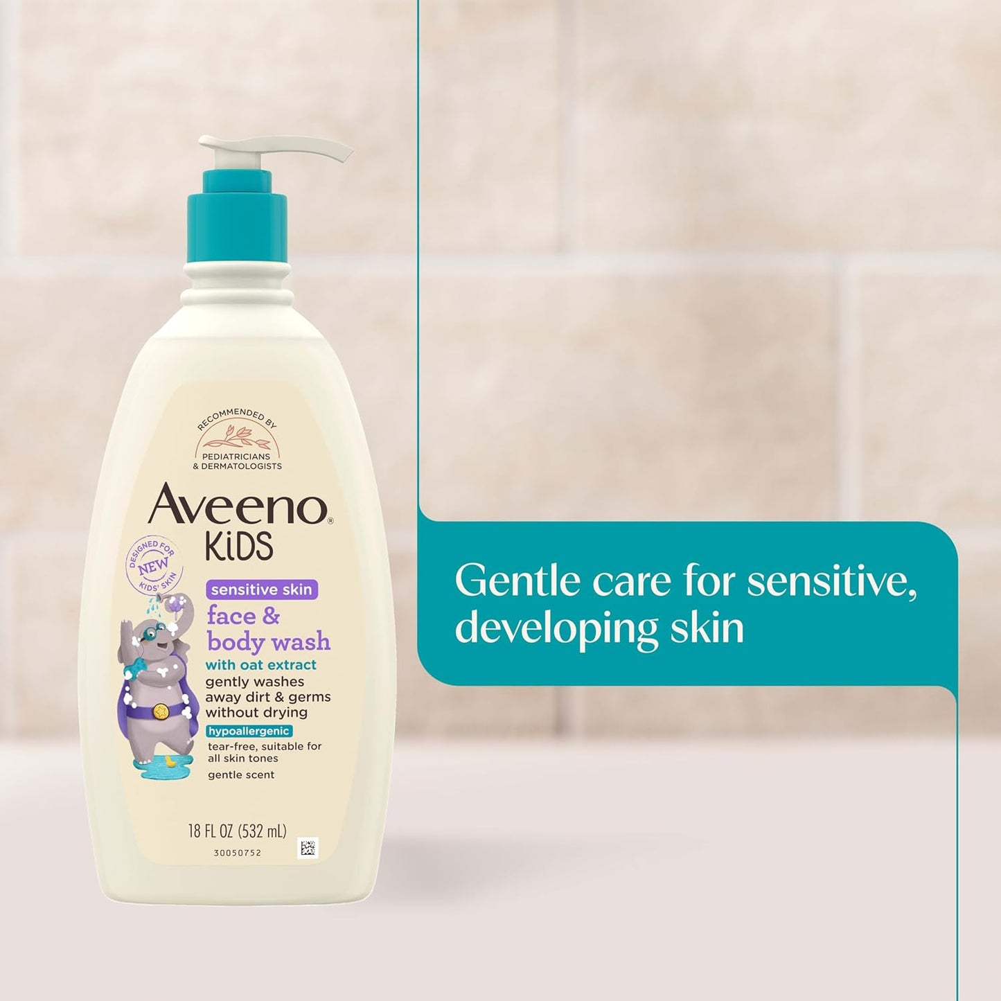 HotAveeno Kids Sensitive Skin Face & Body Wash, Nourishing Oat Extract, Wash Away Dirt and Germs Without Drying, Kids Body Wash is Tear-Free, Hypoallergenic, Sulfate- & Dye-Free, 18 Fl Oz