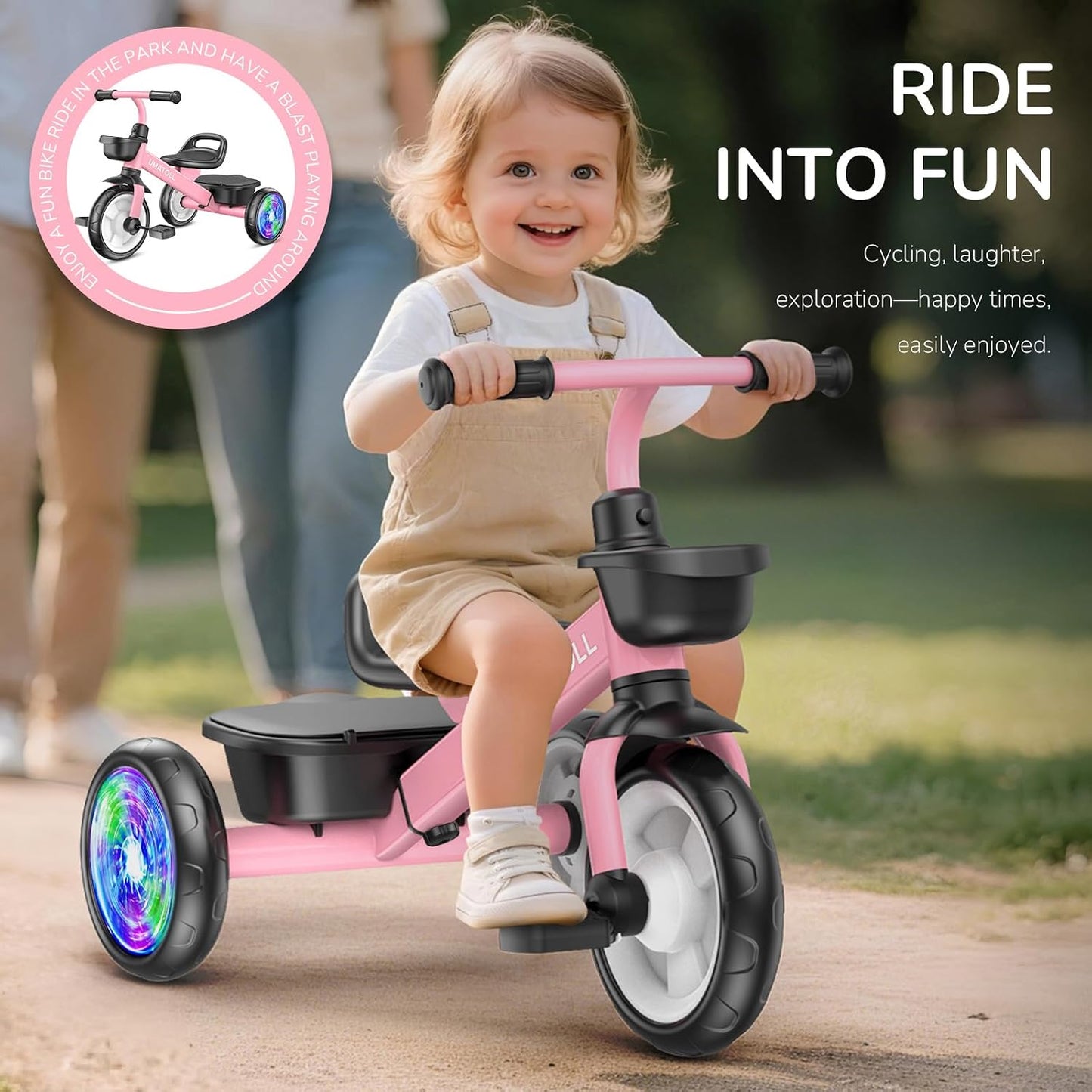 Hot Umatoll Tricycle for Toddlers 2-5 Year Old, Ajustable Toddler Bike Outdoor Toys, Birthday Gift for Girl Age 2-4, Trike with Light up Wheels