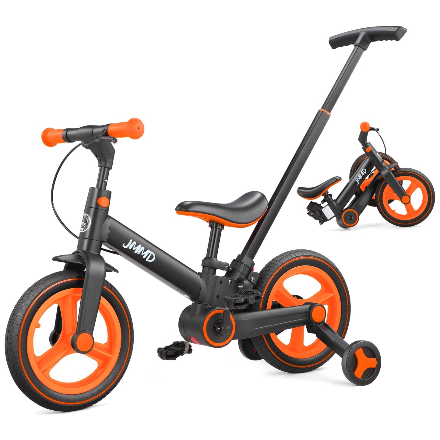 Hot JMMD 6 in 1 Toddler Bike with Push Handle for Kids 18-60 Months, 12" Foldable Balance Bike with Training Wheels, Pedals, Brakes, Kickstand, Push Tricycle Toddler Gift & Toys for Boy & Girl