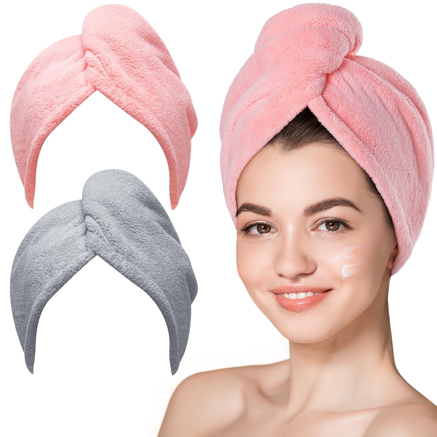 HotHicober Microfiber Hair Towel Wrap, Fast Drying Hair Towels for Women, Soft Lightweight Quick Dry Turban for Curly & Long Hair–3 Pack(Blue/Grey/Pink)