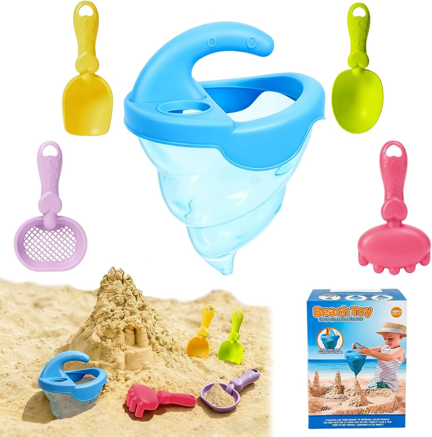 Hot YUTONG Beach Toys for Kids, 5Pcs Sand Spilling Funnel,Set with Shovel Rake Siftersand Spoon,Outdoor Sandbox Toys for Toddlers Age 3+, Pool, Backyard and Summer Beach Activitie