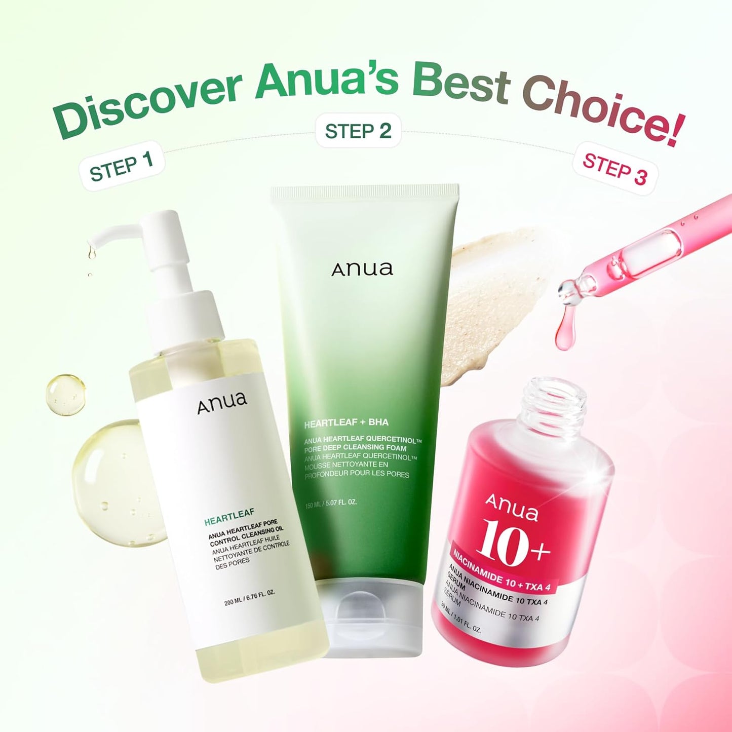HotAnua 3-Step Glass Skin Beginner Set, Oil Cleanser and Face Wash with Facial Serum, Double Cleansing Daily Routine with Niacinamide, Korean Skin Care Set