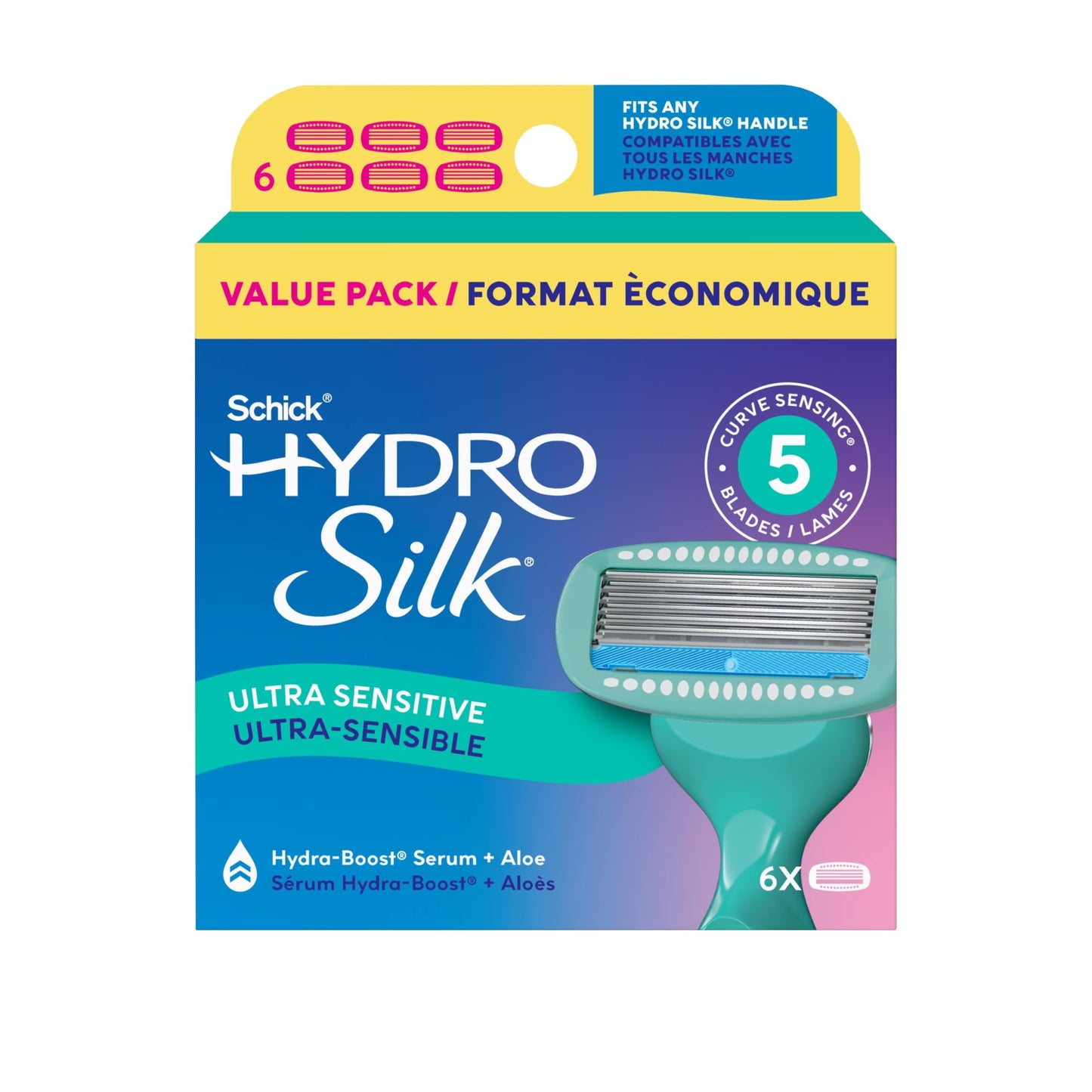 HotSchick Hydro Silk Sensitive Razor Blade Refills, 6 Count | 5-Blade Sensitive Skin Razors for Women | Womens Razor Refills for Sensitive Skin