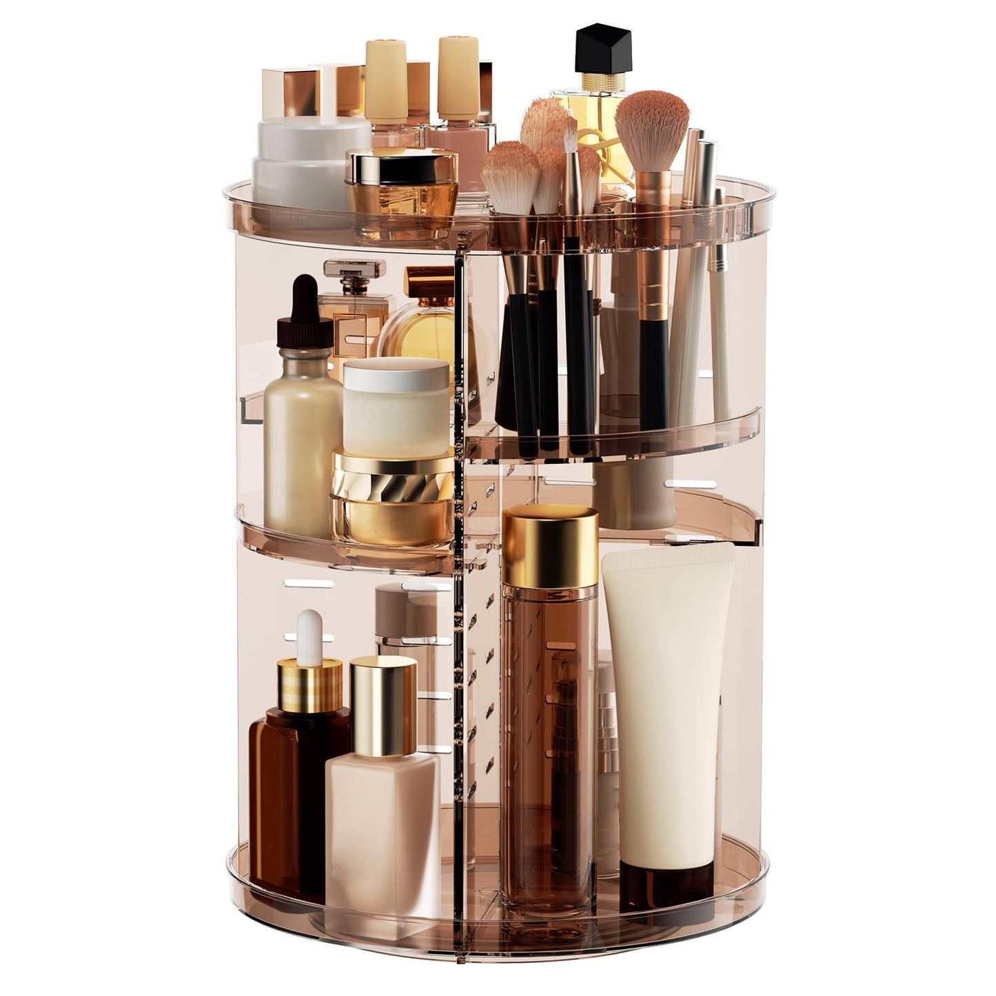 HotRotating Makeup Organizer, DIY 8 Adjustable Layers Spinning Skincare Storage, Cosmetic Display Case with Brush Holder and Perfume Tray, Multi-Function Vanity Bathroom Countertop Organizer Clear
