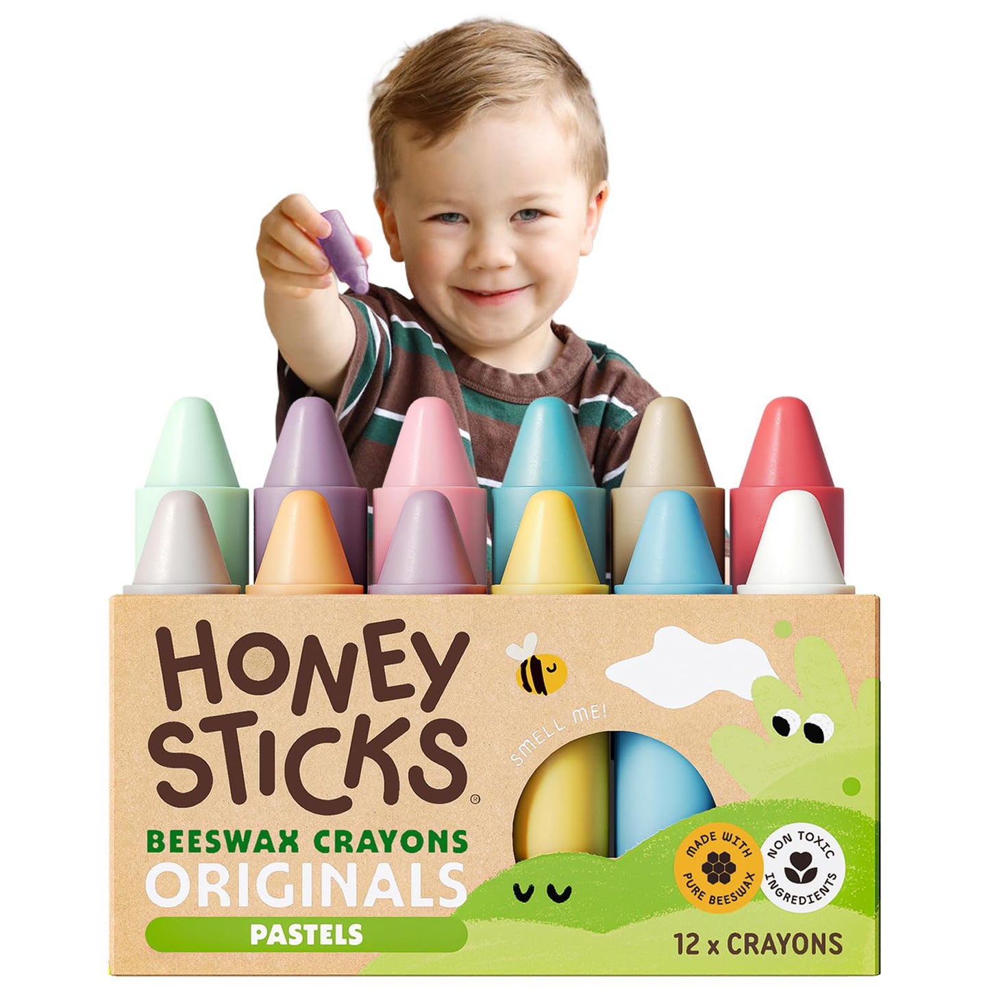 HotHoneysticks 100% Pure Beeswax Crayons (12 Pack) - Non Toxic Crayons for Toddlers 1-3, Safe for Baby from 1 Year Old Plus, Handmade with Natural Beeswax and Food-Grade Colors, Eco Friendly