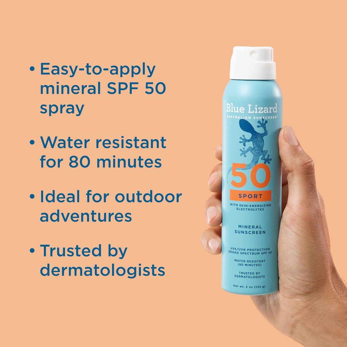 HotBLUE LIZARD Sport Mineral Sunscreen Spray SPF 50+, Dermatologist-Recommended Brand, Broad-Spectrum UVA/UVB Protection, Water-Resistant, Zinc Oxide Formula, Vegan, 5 fl oz