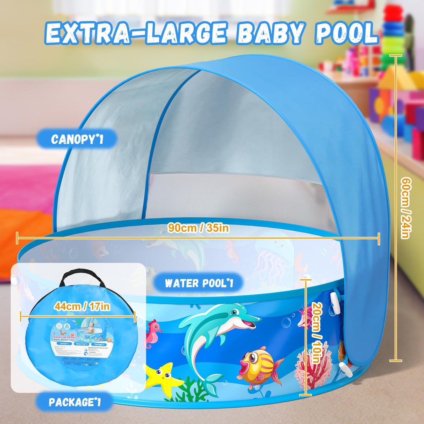 Hot Baby Pool with Canopy Foldable Kiddie Pool with Sun Shade Pools for Toddlers Baby Beach Essentials Pop Up Tent Swimming Wading Pools Portable Summer Water Play for Indoor Outdoor Beach Backyards