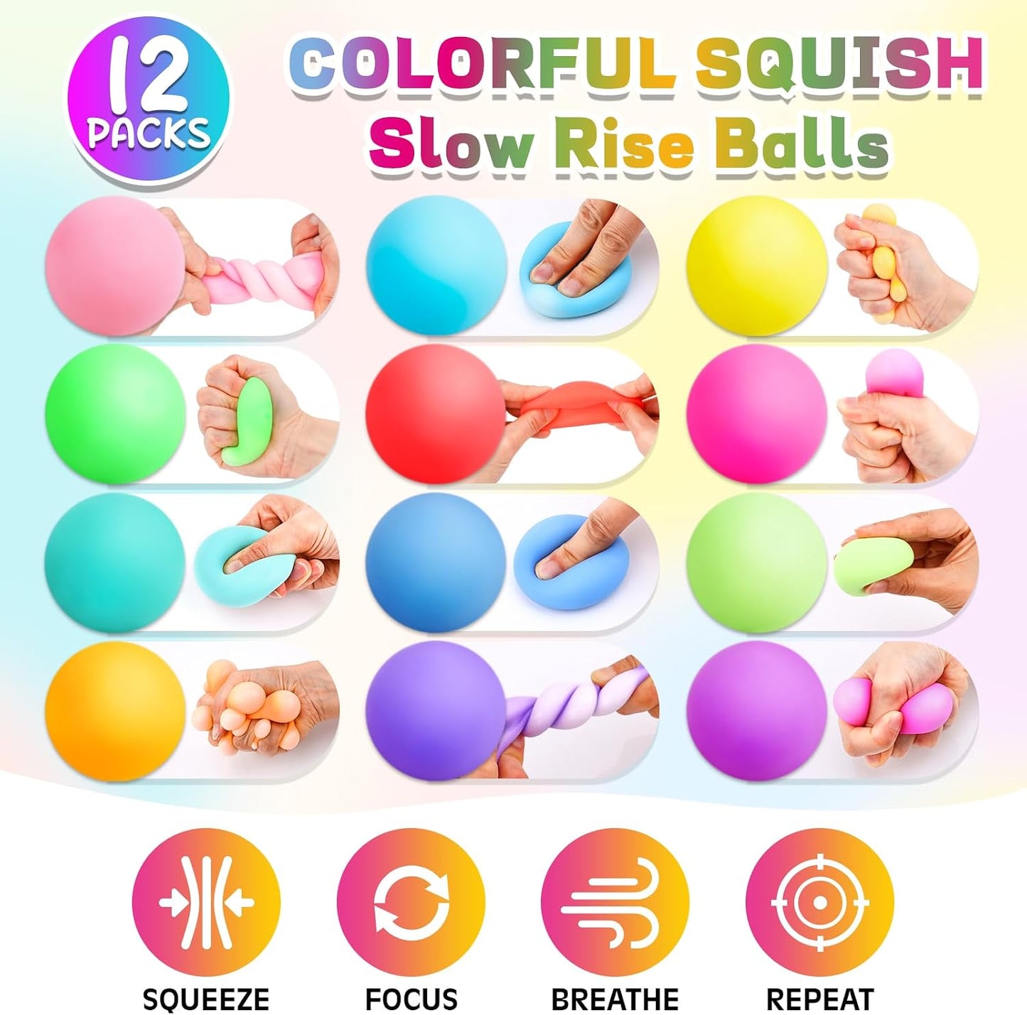 Hot12 Pack Slow Rising Stress Ball,Stress Balls for Kids Adults,Stretchy Fidget Toys for Stress Relief,Hand Therapy Sensory Squishy Ball, Squishy Toys for Kids, Classroom Prize Box Party Favors