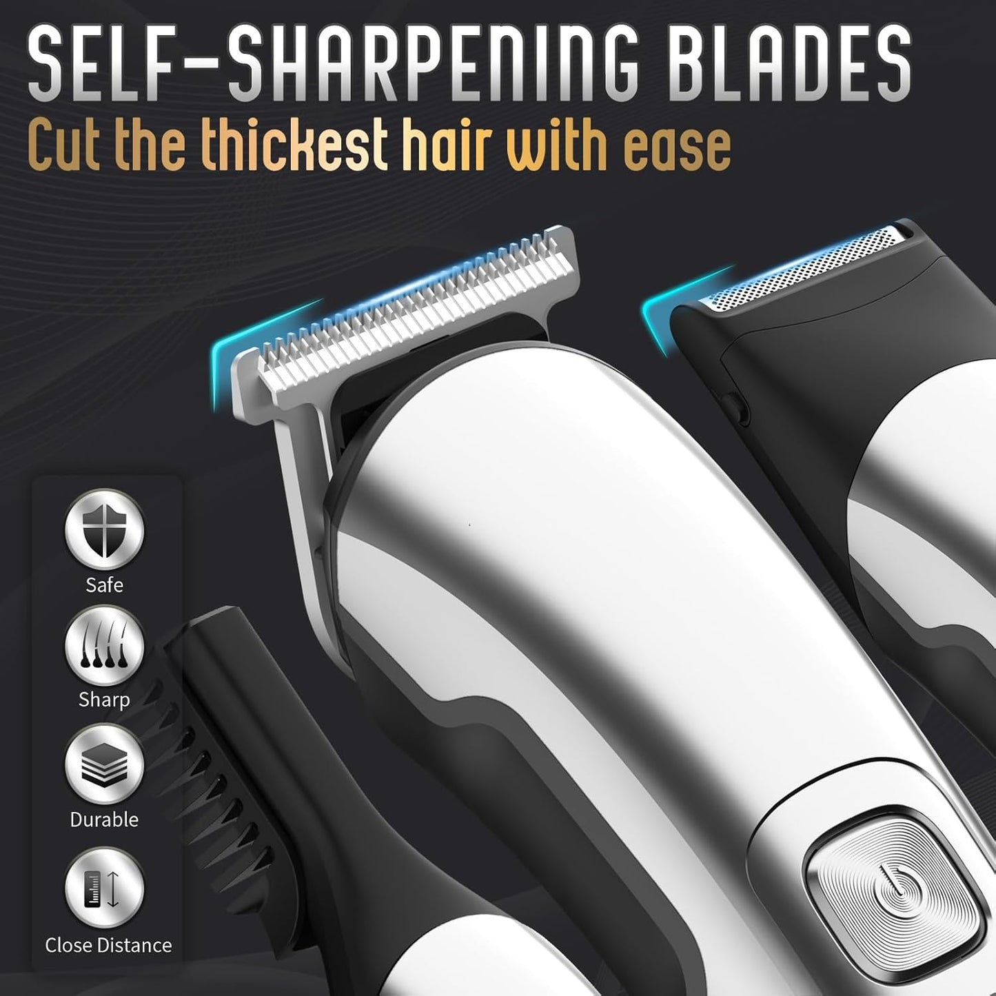 HotUfree Beard Trimmer for Men, Waterproof Electric Razor, Grooming Kit | Stainless steel blades, six interchangeable heads, wet and dry use, USB rechargeable, for face body nose ear trimming, silver