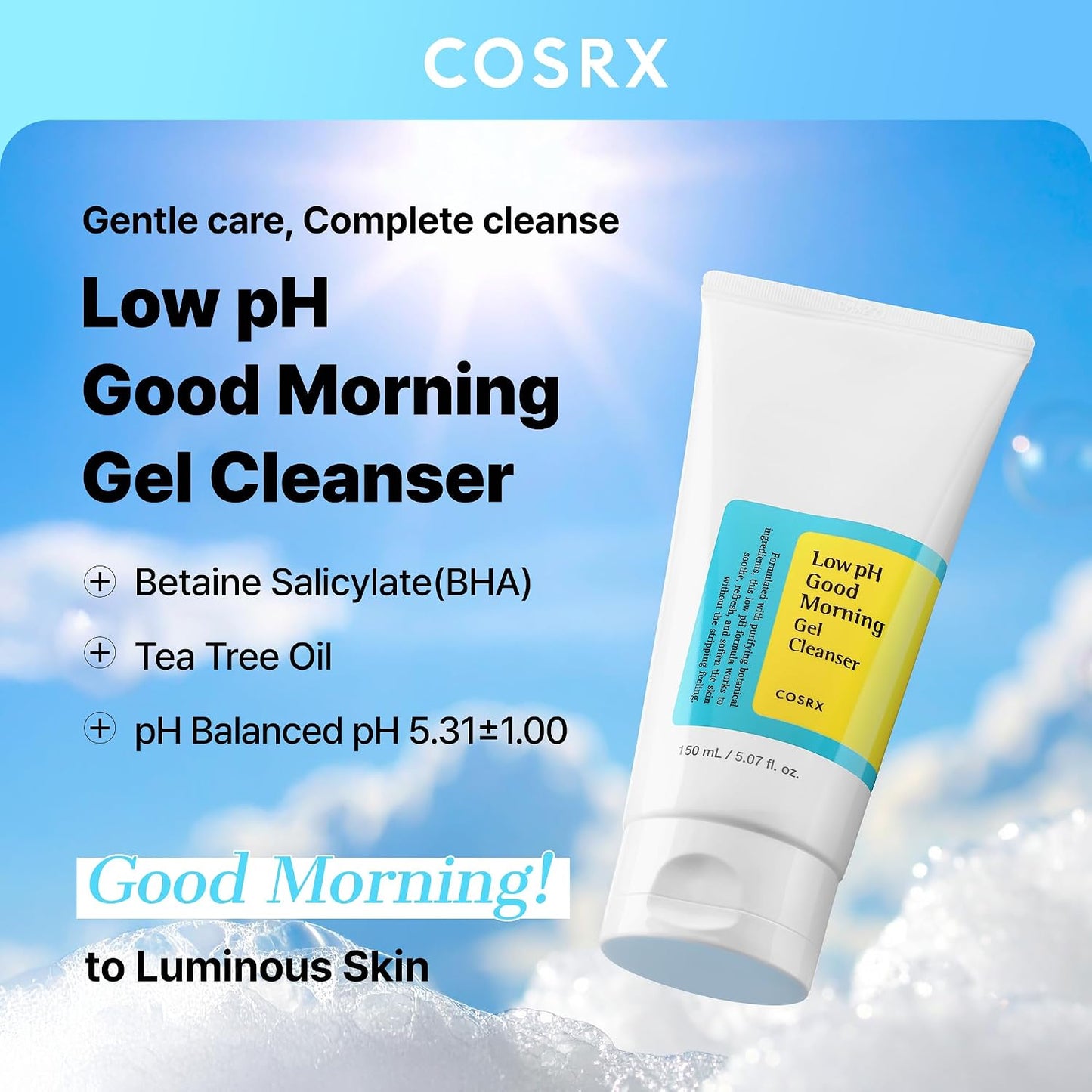HotCOSRX Low pH Good Morning Gel Face Cleanser, 5.07 fl oz, BHA Face Wash, Daily Mild Face Cleanser for Sensitive Skin, PH Balancing, Korean Skin Care, Korean Face Wash