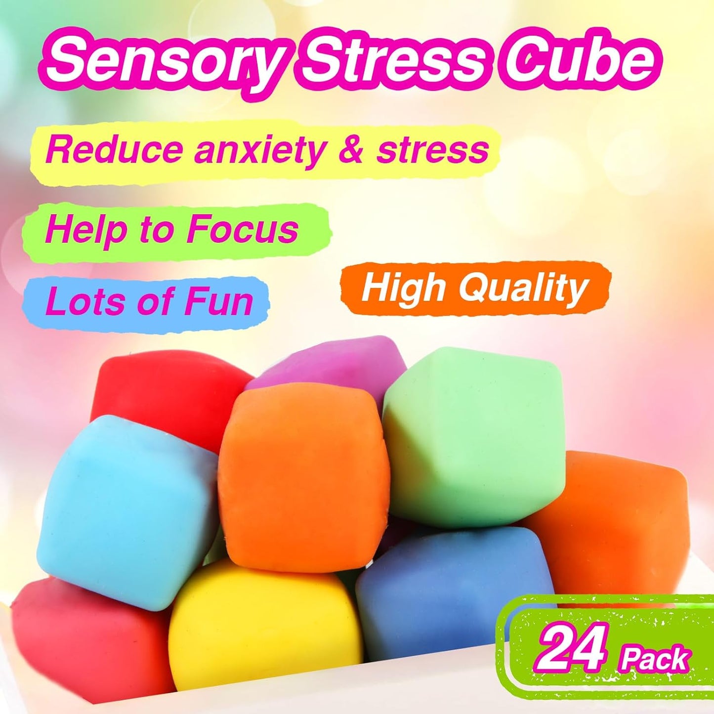 Hot24 Pack Slow Rising Stress Cube , Dough Stress Balls Soft Fidget Squishy Toys for Anxiety Relief, Pull Stretch Classroom Prize Party Favors Toys for Kids
