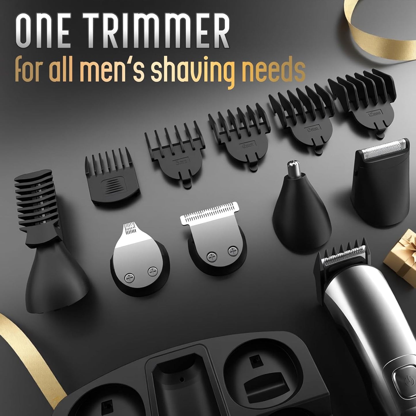 HotUfree Beard Trimmer for Men, Waterproof Electric Razor, Grooming Kit | Stainless steel blades, six interchangeable heads, wet and dry use, USB rechargeable, for face body nose ear trimming, silver