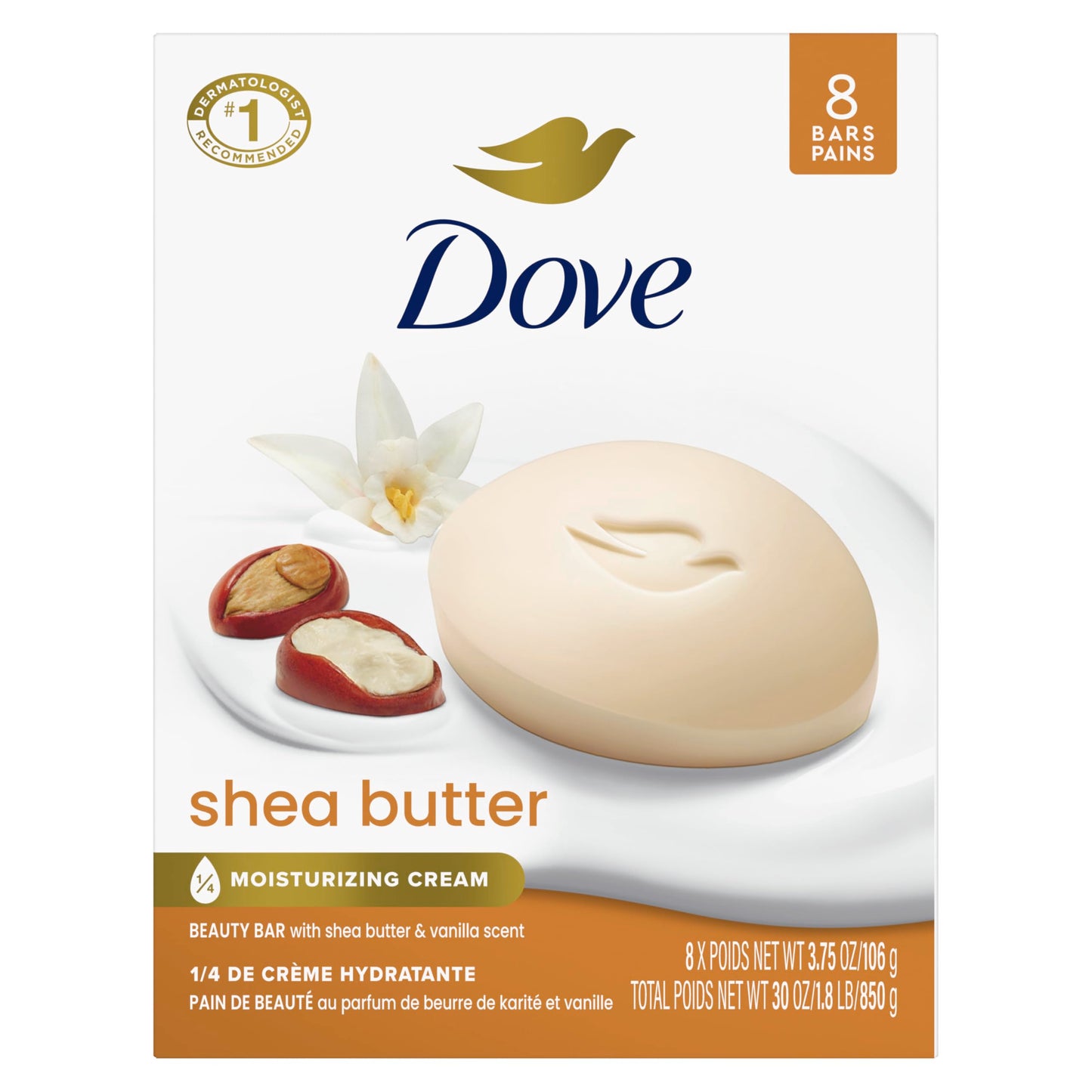 HotDove Shea Butter Beauty Bar Soap 8 Count, Nourishing Cleanser, 3.75 oz I Moisturizing beauty bar with ¼ moisturizing cream and shea butter for soft, radiant skin