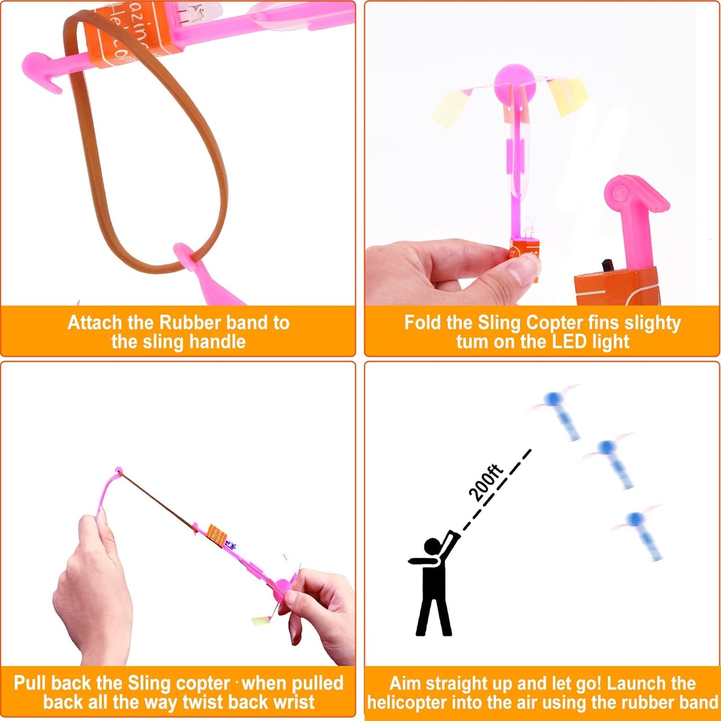 Hotlpvoqpth 25 Sets LED Flying Set, 25 Slingshot+25 Glow Helicopter-50 Pcs, Flying Toy Outdoor Toys Glow in the Dark Party Supplies Party Favors for Kids 8-12,4-8