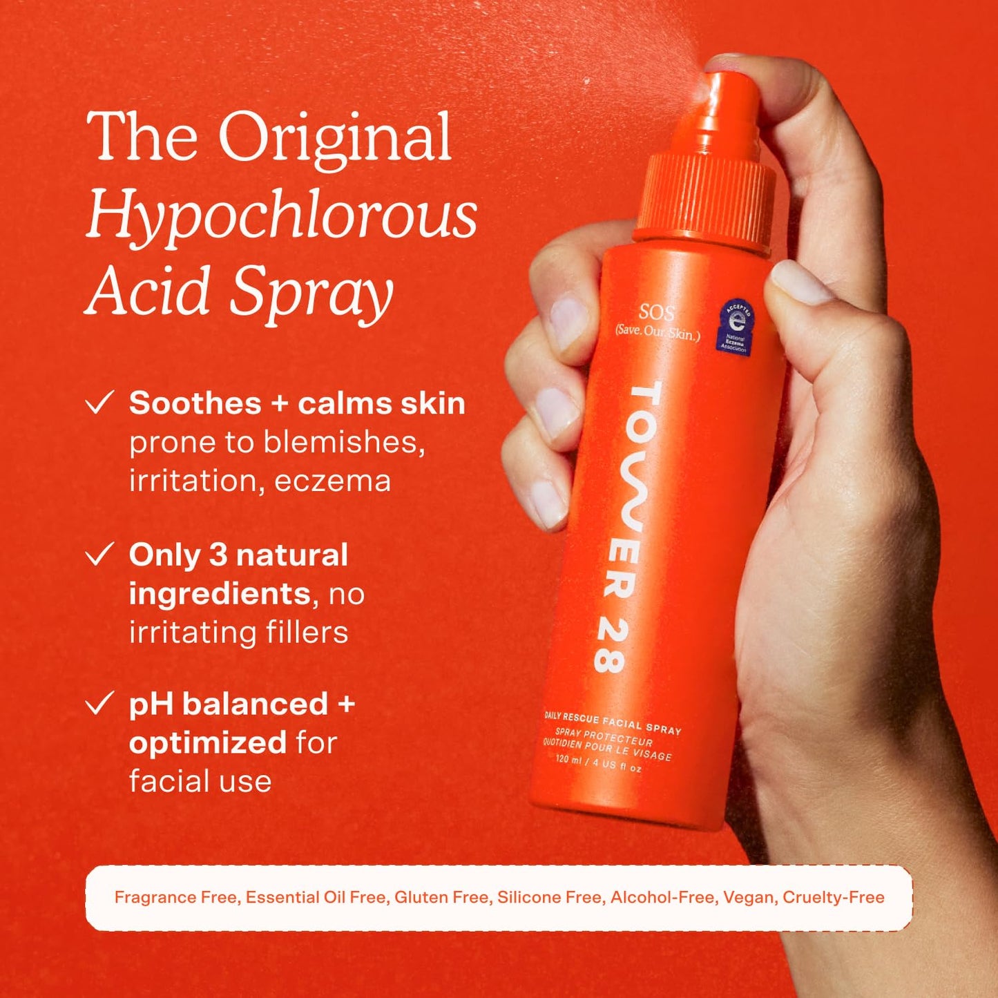 HotTower 28 SOS Daily Rescue Facial Spray - Hypochlorous Acid Spray to Help Visibly Calm + Soothe Sensitive Skin - Purifying Travel Size Face Toner - Everyday Skin Care Essential (1 oz)