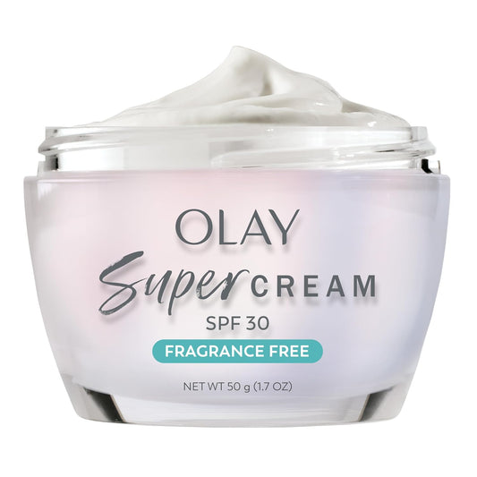 HotOlay Super Cream with Sunscreen SPF 30, Fragrance Free Lightweight Face Moisturizer with Sun Protection, 5-in-1 Skin Care - Hydrating, Brightening - Niacinamide, Vitamin C, Collagen, 1.7 oz