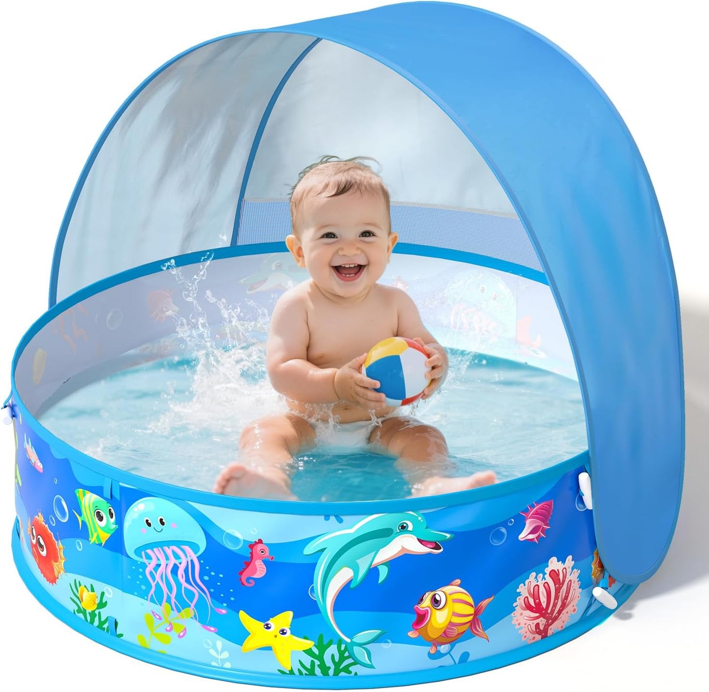 Hot Baby Pool with Canopy Foldable Kiddie Pool with Sun Shade Pools for Toddlers Baby Beach Essentials Pop Up Tent Swimming Wading Pools Portable Summer Water Play for Indoor Outdoor Beach Backyards