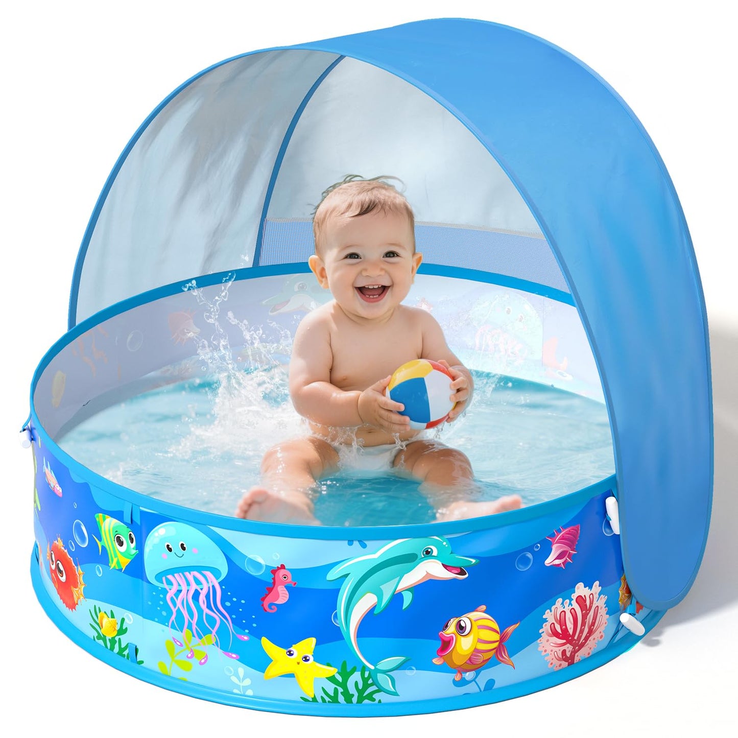 Hot Baby Pool with Canopy Foldable Kiddie Pool with Sun Shade Pools for Toddlers Baby Beach Essentials Pop Up Tent Swimming Wading Pools Portable Summer Water Play for Indoor Outdoor Beach Backyards