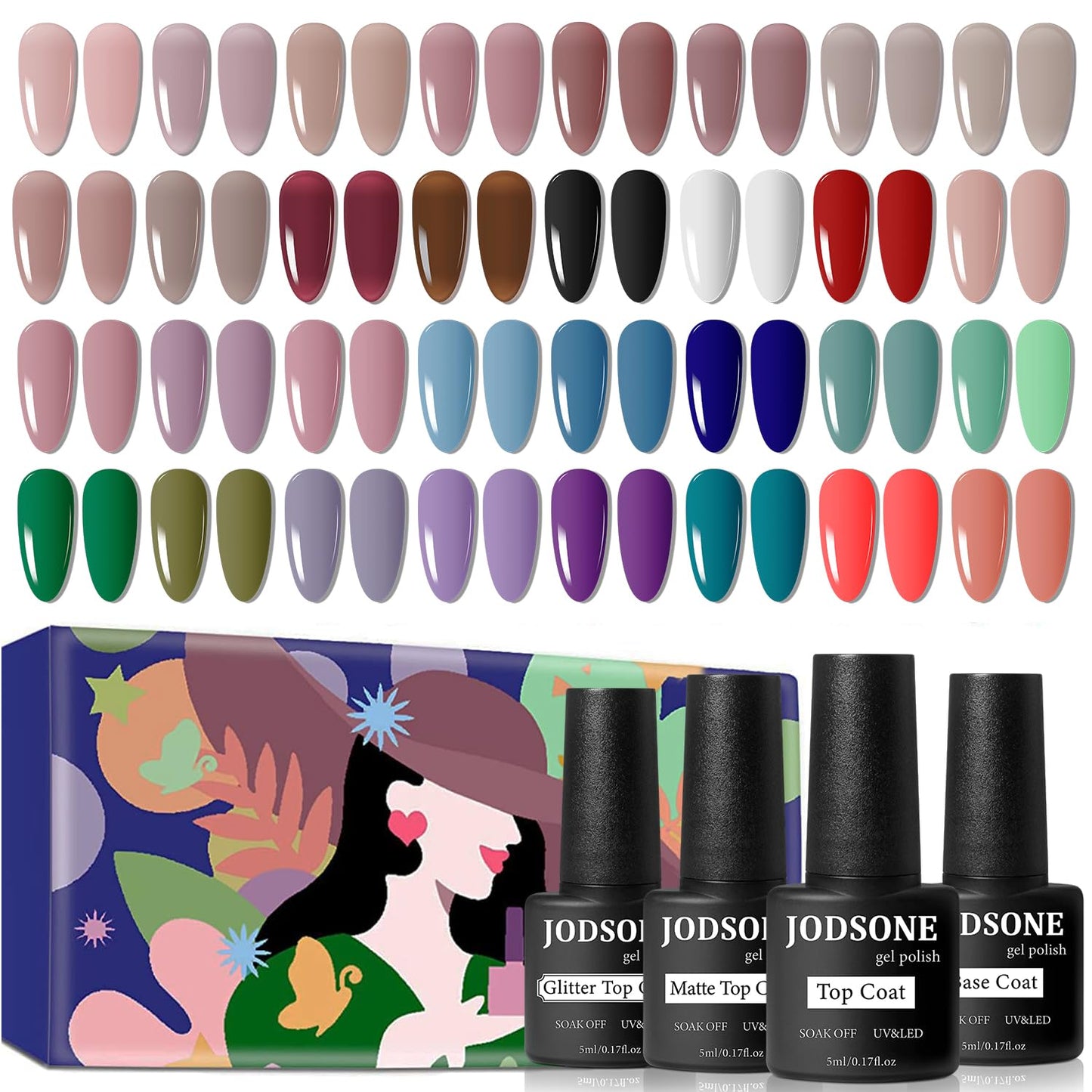 HotJODSONE Gel Nail Polish Kit 60 PCS with U V Light Soak off Base Top Coat 55 Shine Colors Gel Nail Kit Bright and Dark Brown Wine Red Series Manicure Set for Women and Girls