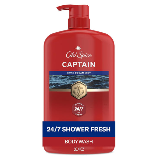HotOld Spice Refreshing Body Wash for Men, 3X Defense, 24/7 Shower Fresh with Long Lasting Scent, Red Collection, Captain with Bergamot Scent, 33.4 oz