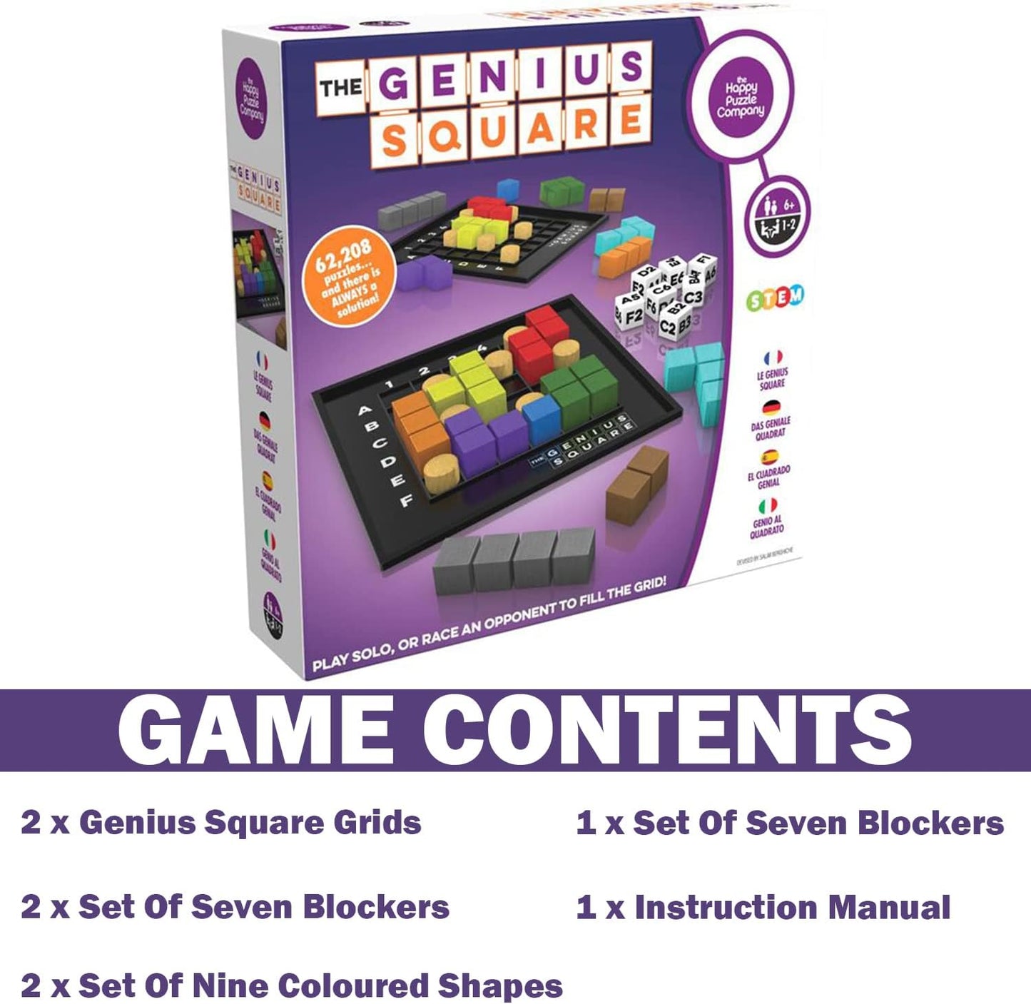 Hot The Genius Square from the Happy Puzzle Company | Game of the Year Award Winner | 60000+ Solutions | STEM Puzzle Game for 1-2 Players | Ages 6 - Adult | Roll the dice and Race to Fill the Grid!