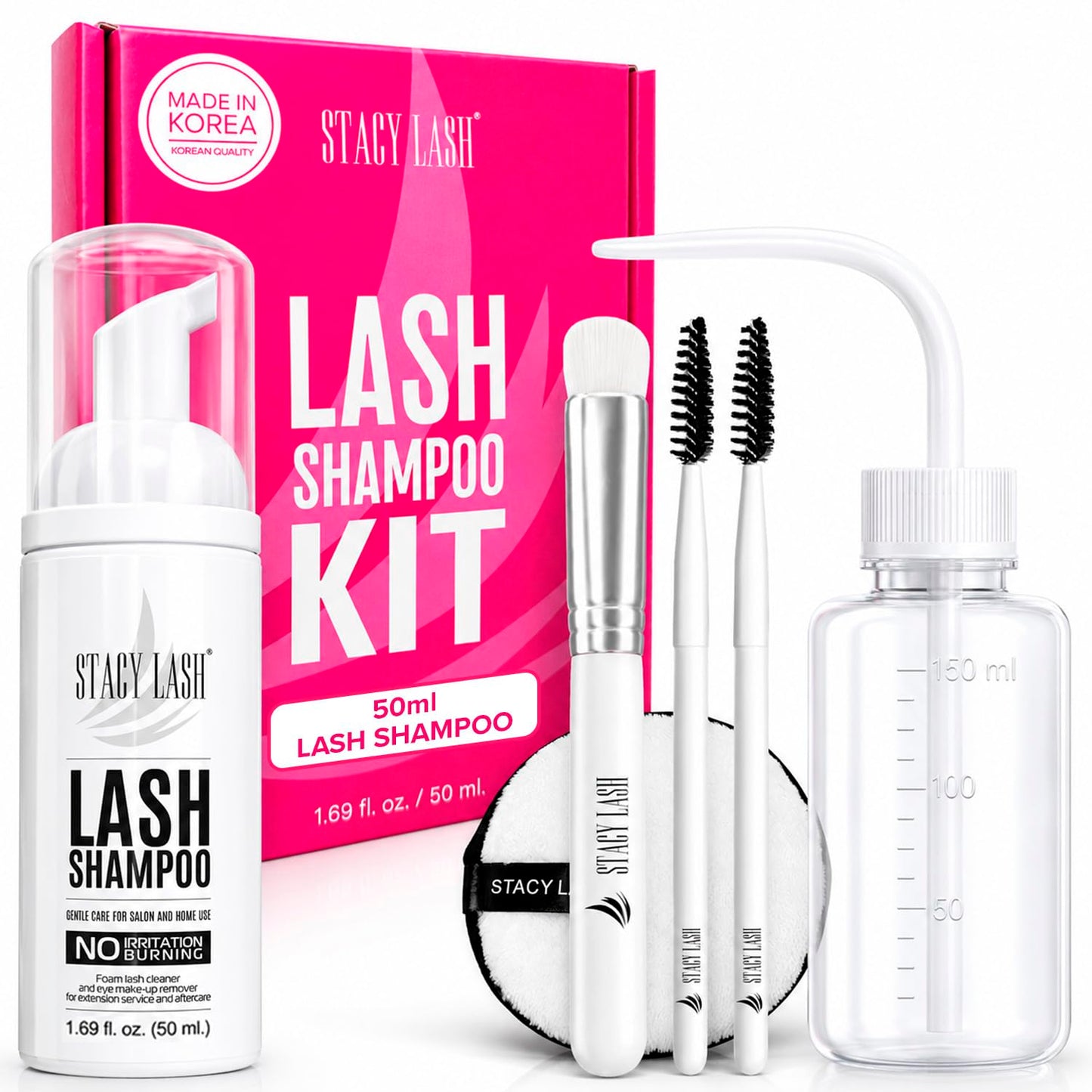 HotSTACY LASH Eyelash Extension Shampoo + Brush / 1.69 fl.oz / 50ml / Korean Makeup Remover/Eyelid Foaming Cleanser/Wash for Extensions & Natural Lashes/Supplies for Professional & Home Use