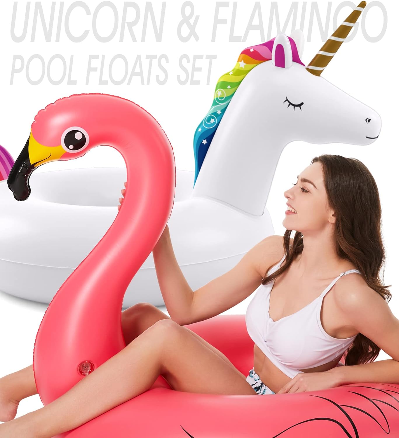 HotJasonwell 2 Pack Unicorn Flamingo Pool Floaties - Inflatables Rafts for Swimming, Lake, Beach - Floaty Swim Rings for Adults, Kids