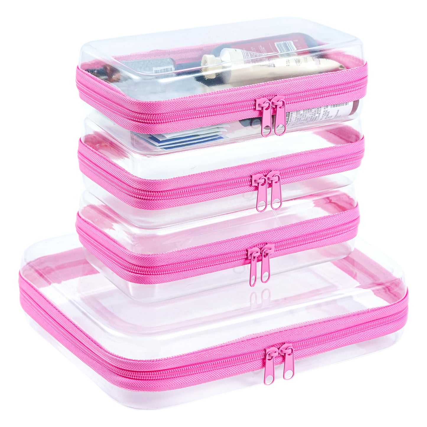 Hot4 pcs Clear Zipper Pouches,Hard Shell Zipper Case | Toiletry Bag for Travel, CLear Diaper Bag, Toiletry Pouch, Travel Organizer, Cosmetic Bag,Toy Storage Bins (M+3S)