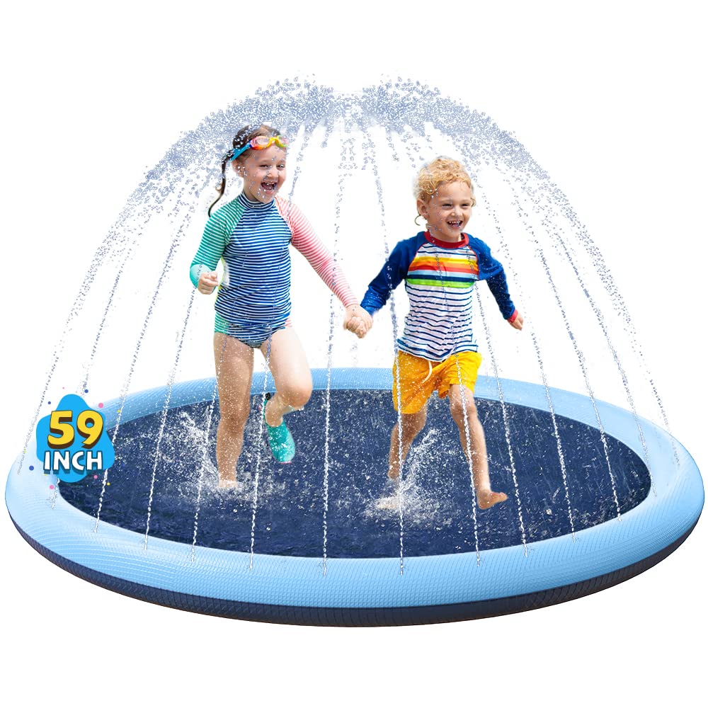 HotVISTOP Non-Slip Splash Pad for Kids and Dog, Thicken Sprinkler Pool Summer Outdoor Water Toys - Fun Backyard Fountain Play Mat for Baby Girls Boys Children or Pet Dog (59 inch, Blue&Blue)