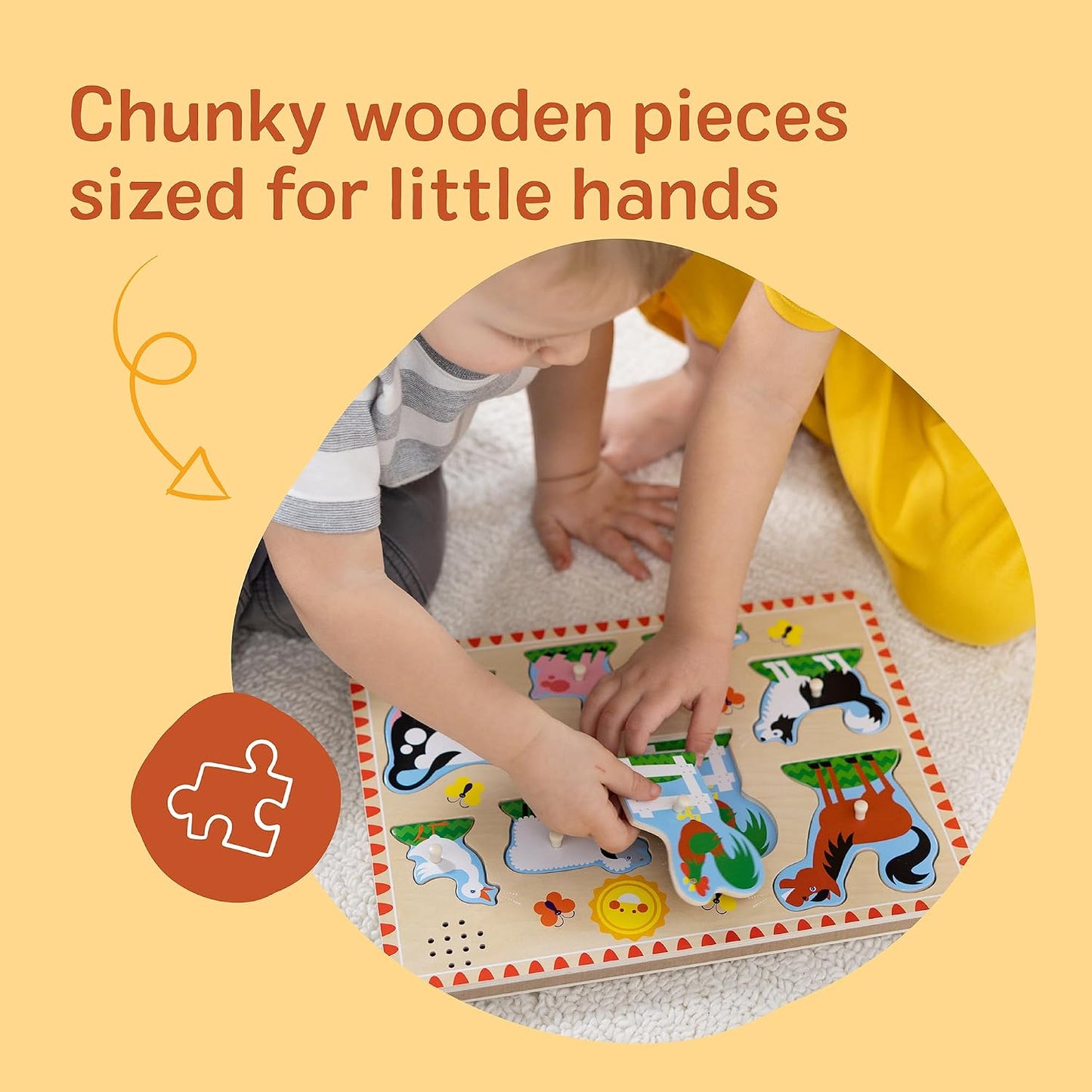 HotMelissa & Doug Farm Animals Sound Puzzle – 8-Piece Wooden Peg Puzzle with Light-Activated Sounds, Music Learning Toy for Toddlers and Preschoolers Ages 2+