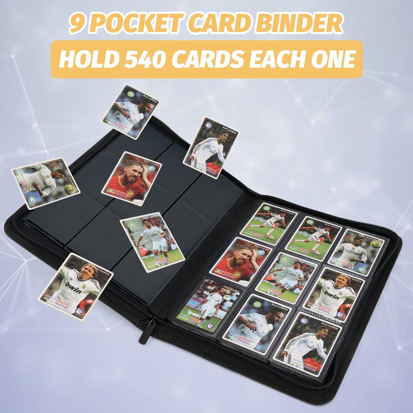 Hot 9 Pocket Card Binder, Premium Zip Trading Card Binder, 540 Double Sided Pocket PU Collection Binder, Collector Album, Card Folder for MTG, TCG, Sports Cards (Black)